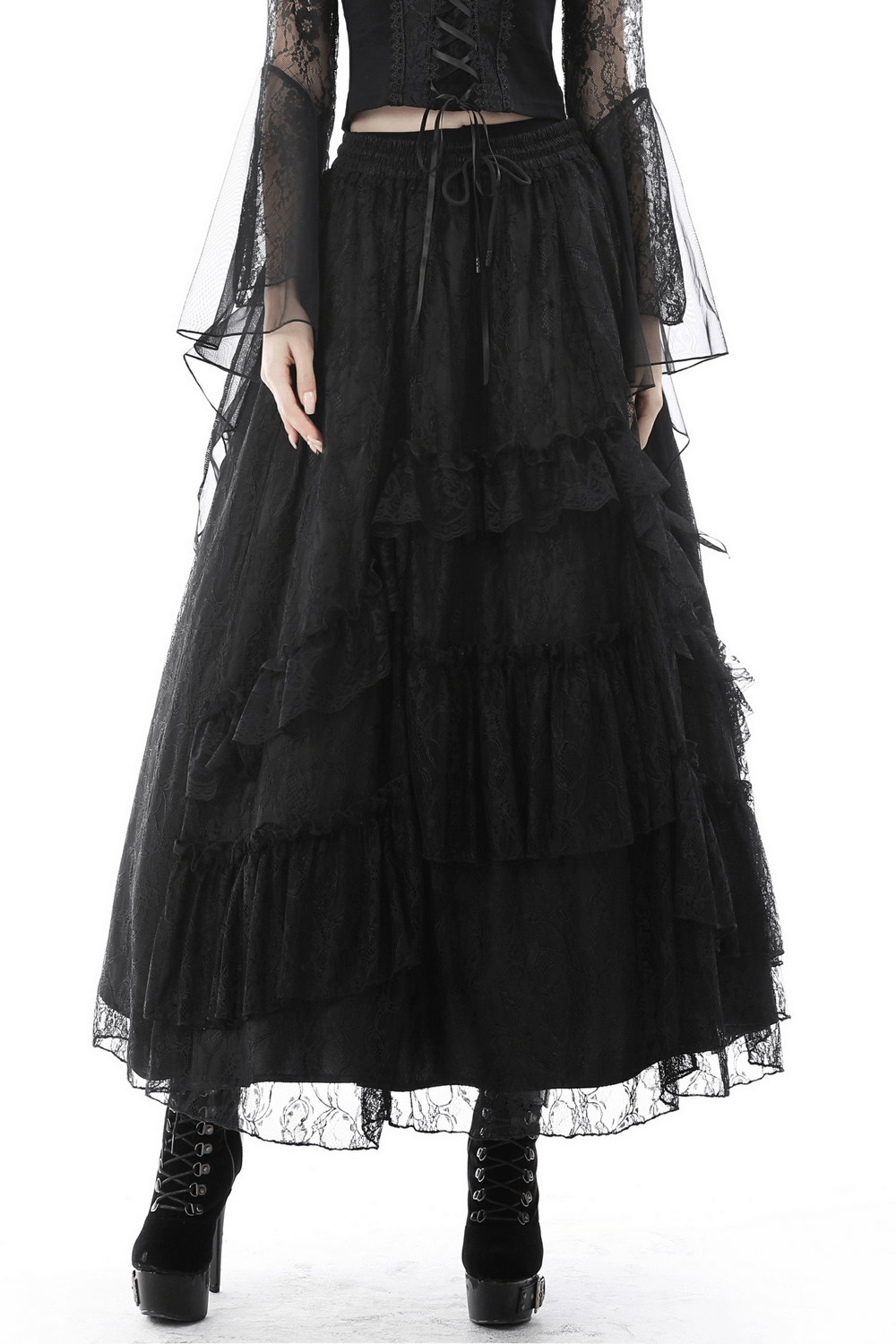 Gothic black lace maxi skirt with tiered trim and mesh overlay, perfect for a dramatic Victorian-inspired look.