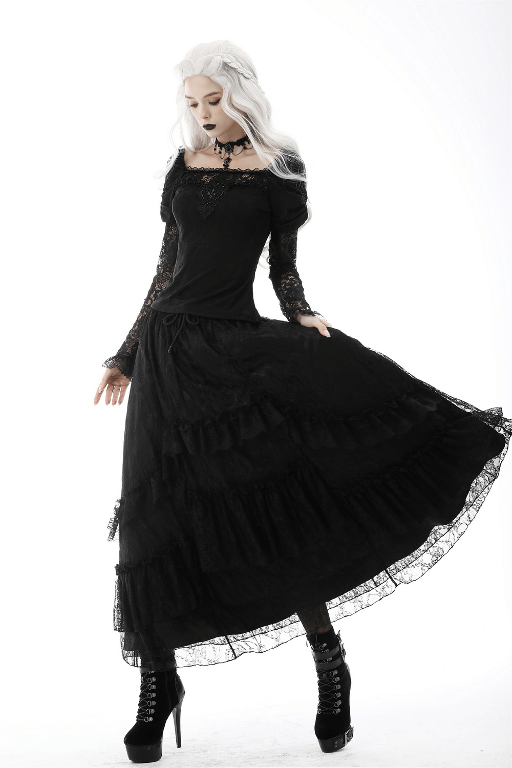 Dark floral mesh maxi skirt with lace overlay, embodying Victorian goth elegance and a flowing silhouette.