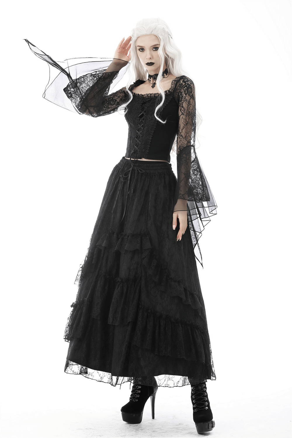Elegant black lace maxi skirt with flowing mesh overlay, styled in a gothic Victorian look.