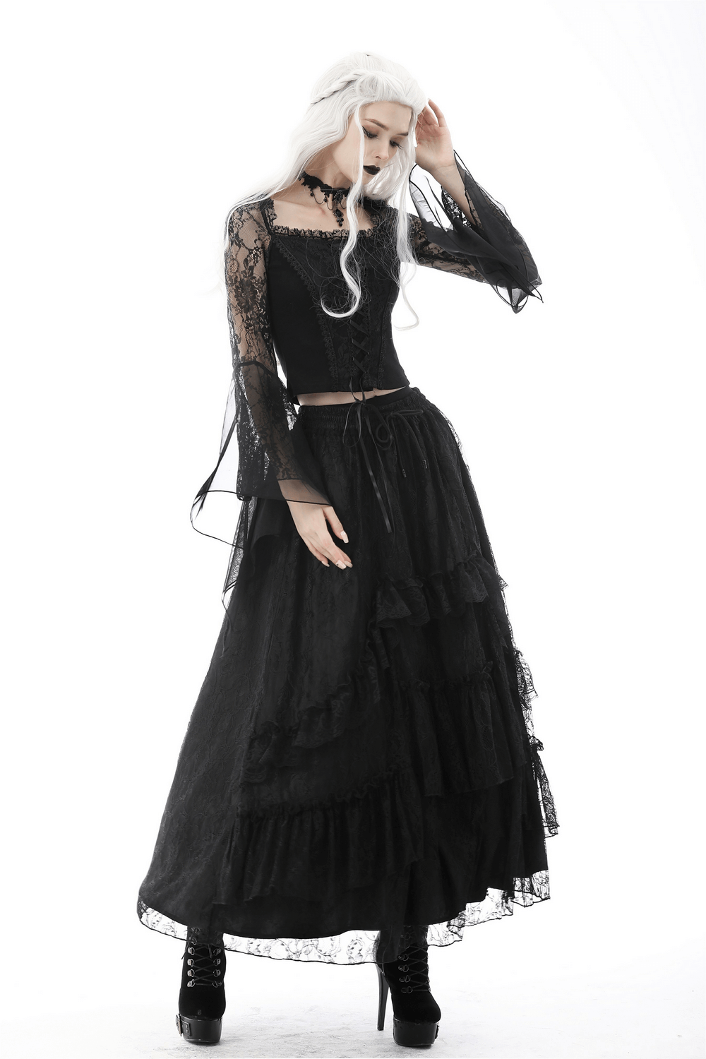 Dark Floral Patterned Mesh Maxi Skirt with Lace Overlay