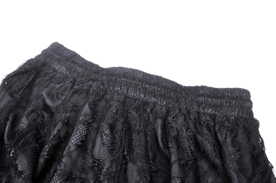 Elegant black lace mesh fabric of a high-waisted maxi skirt, showcasing intricate floral details and a tiered design.