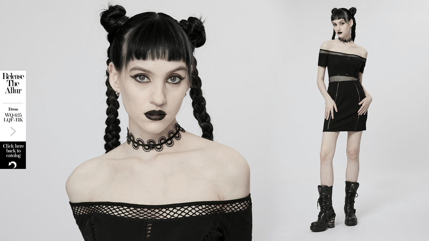 Model showcasing a black off-shoulder dress with a snake lace choker and combat boots for a gothic style.