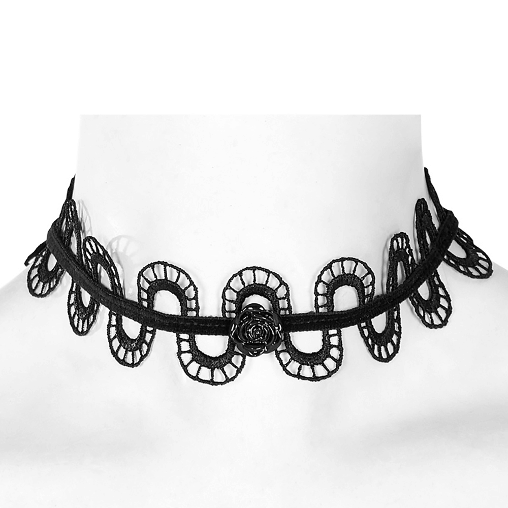 Dark floral snake lace choker necklace featuring a black lace design and a red rose pendant for gothic style.