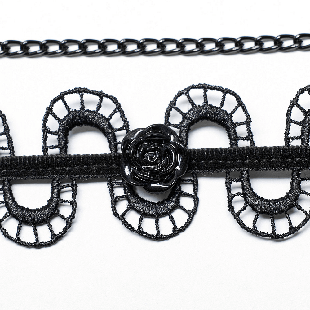 Black lace snake choker necklace with a black rose pendant, perfect for gothic fashion and adding allure.