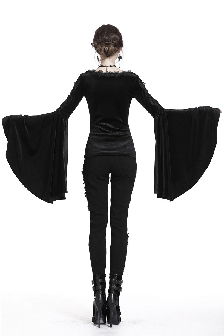 Dark Floral Velvet Top with Bell Sleeves And Lace Trim