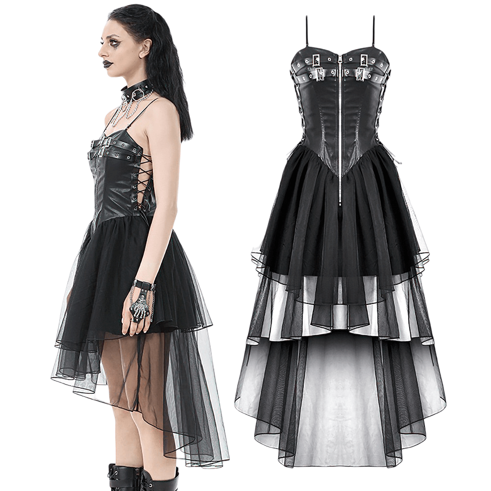 Dark Goth Dress with Mesh Layers and Adjustable Straps featuring faux leather and layered mesh skirt.