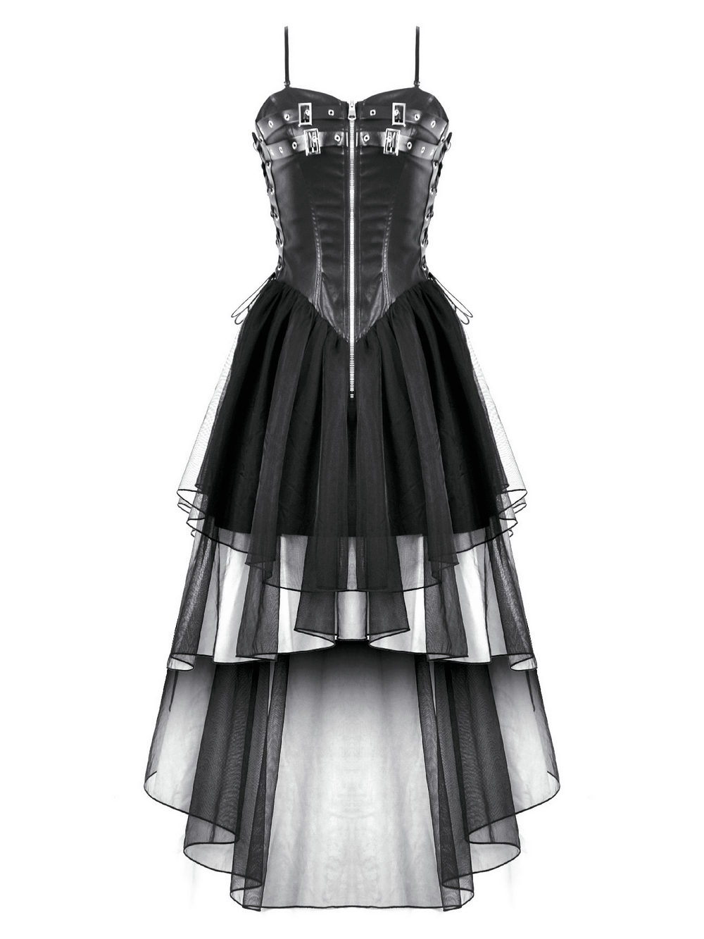 Dark Goth Dress with Mesh Layers and Adjustable Straps featuring faux leather and dramatic layered skirt.