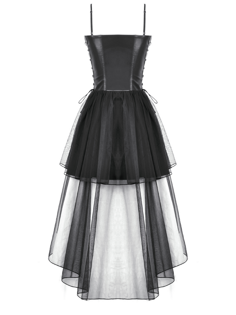 Stylish Dark Goth Dress with Mesh Layers and Adjustable Straps. Perfect for alternative fashion and gothic parties.