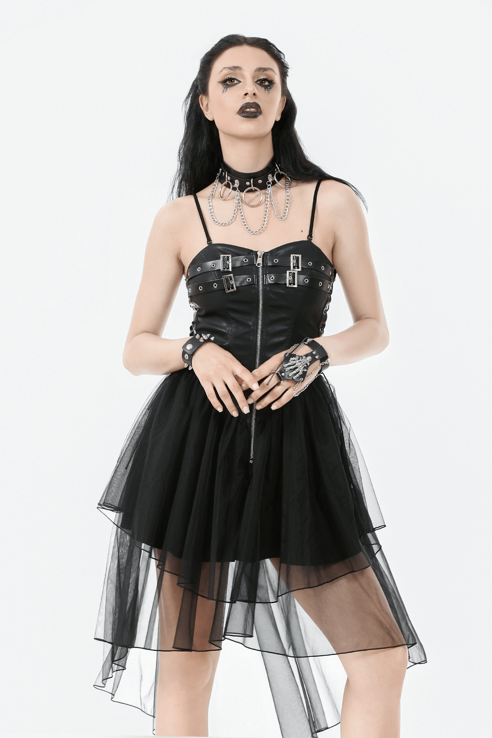 Dark Goth Dress with Mesh Layers and Adjustable Straps worn by model, showcasing gothic style and elegance.