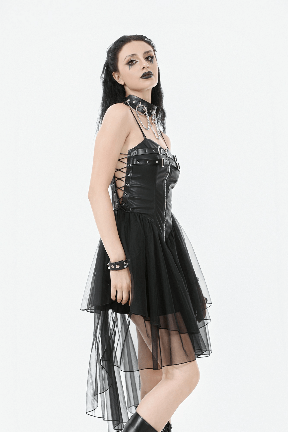 Dark Goth Dress with Mesh Layers and Adjustable Straps worn by model, showcasing gothic elegance and edgy style.