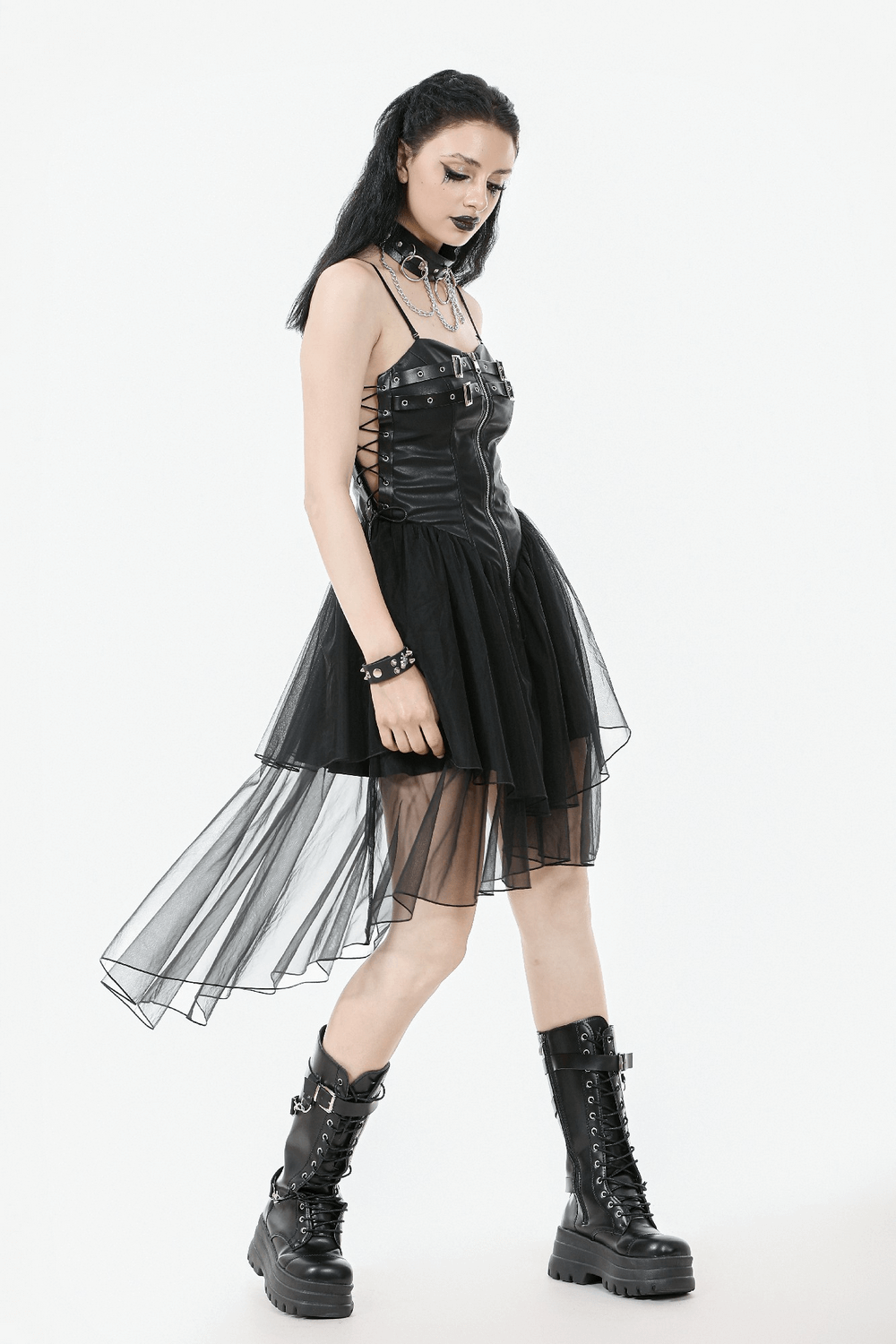 Dark Goth Dress with Mesh Layers and Adjustable Straps showcasing a model in a stylish gothic outfit.