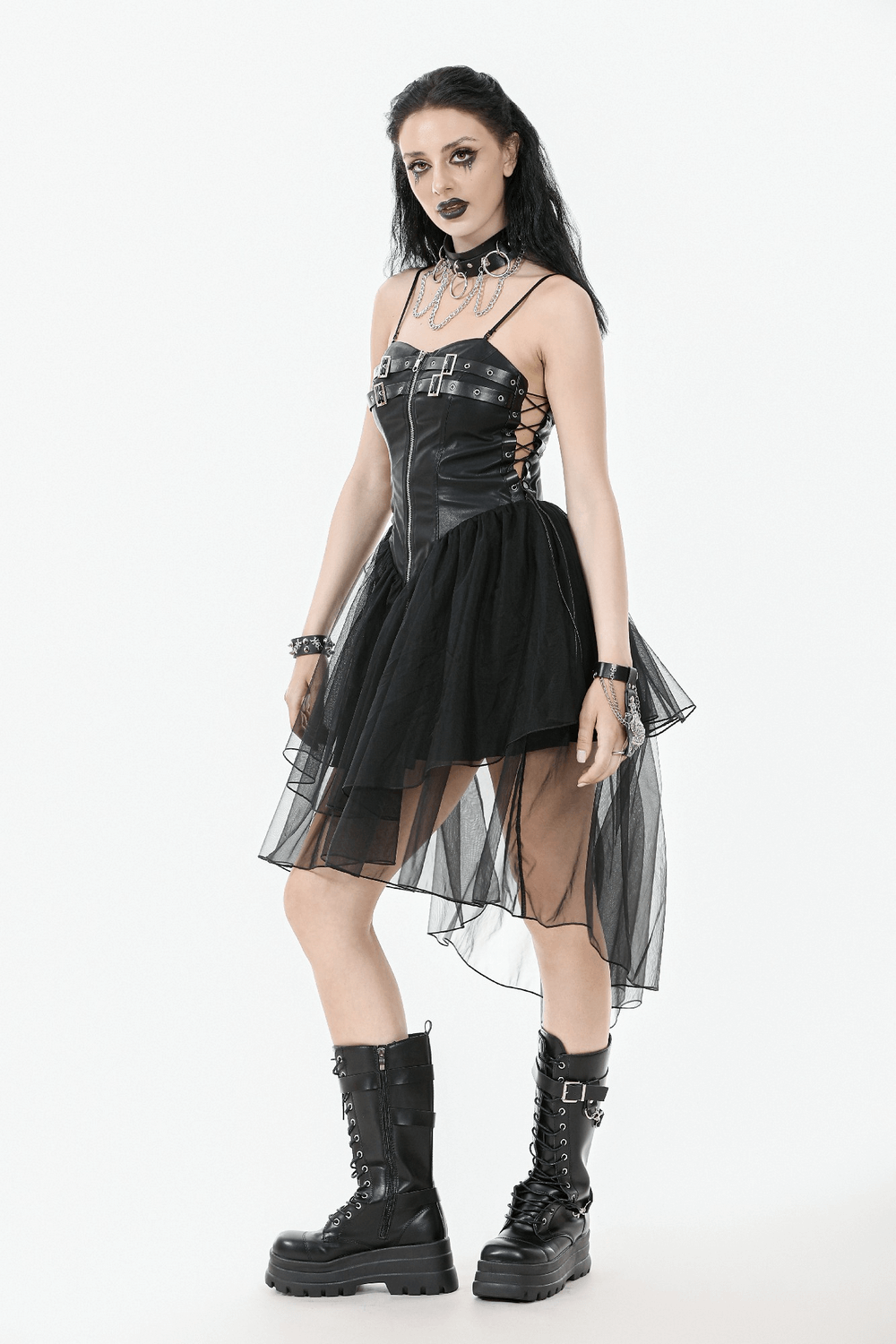 Dark Goth Dress with Mesh Layers and Adjustable Straps worn by a model in daring gothic style.