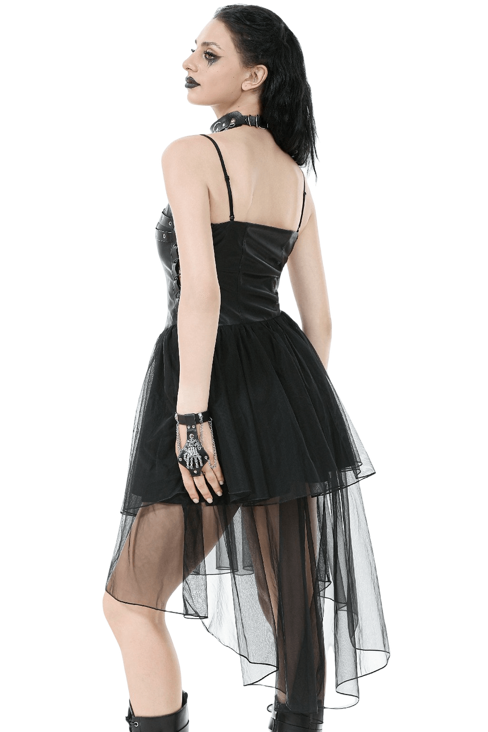 Dark Goth Dress with Mesh Layers and Adjustable Straps featuring a layered mesh high-low skirt and adjustable straps.