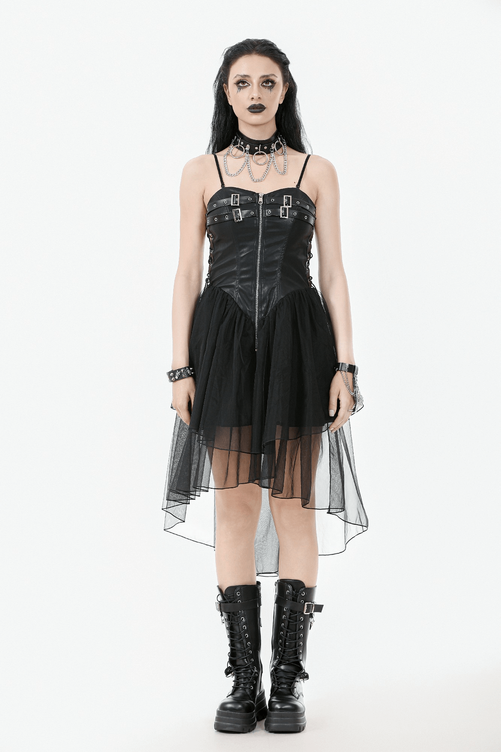 Model wearing Dark Goth Dress with Mesh Layers and Adjustable Straps, featuring a faux leather bodice and layered mesh skirt.