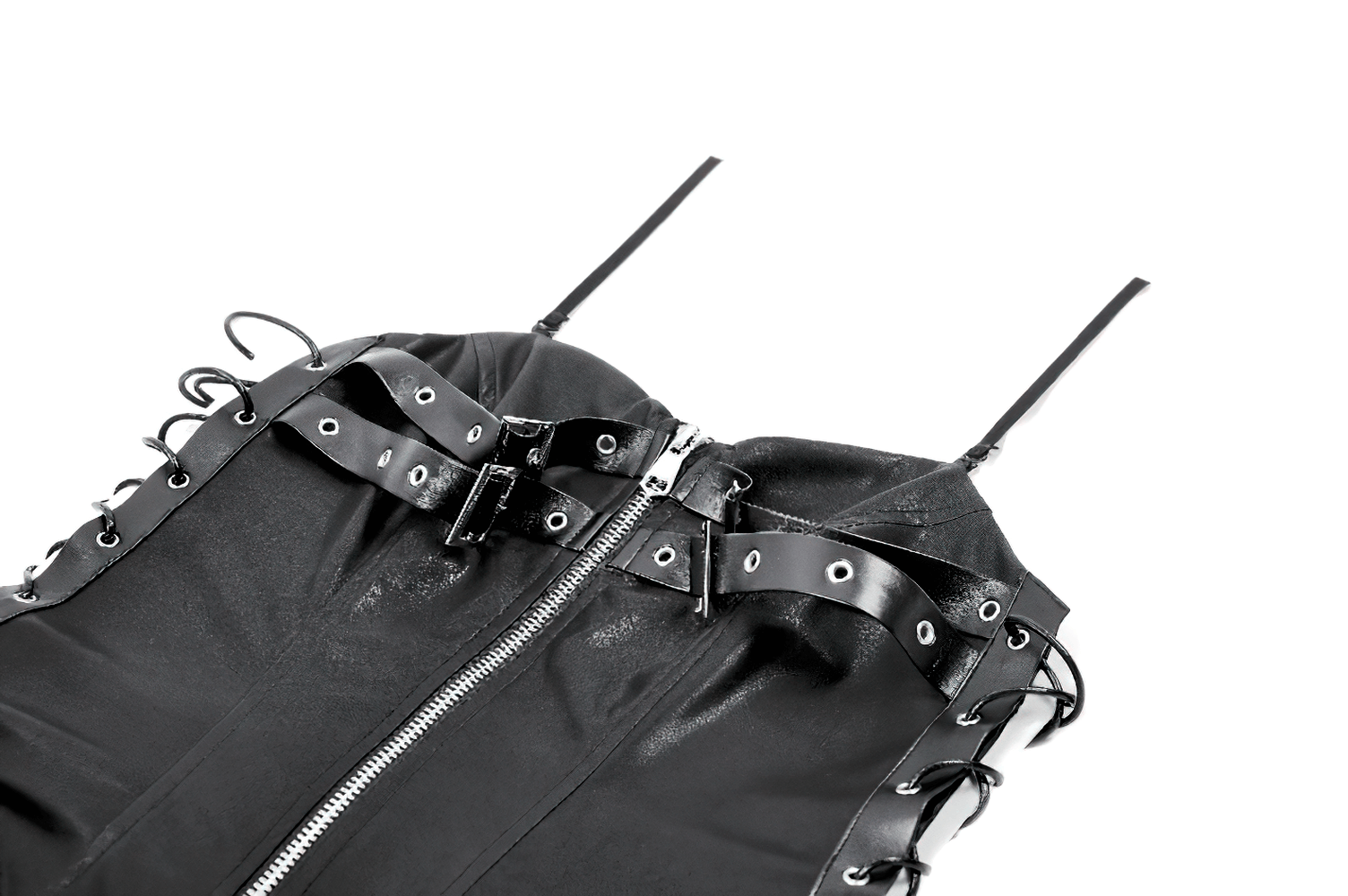 Dark Goth Dress with Mesh Layers and Adjustable Straps featuring a lace-up design and zipper front.