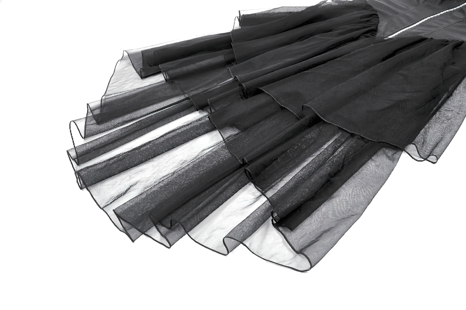 Dark Goth Dress with Mesh Layers and Adjustable Straps showcasing dramatic layered mesh skirt details.