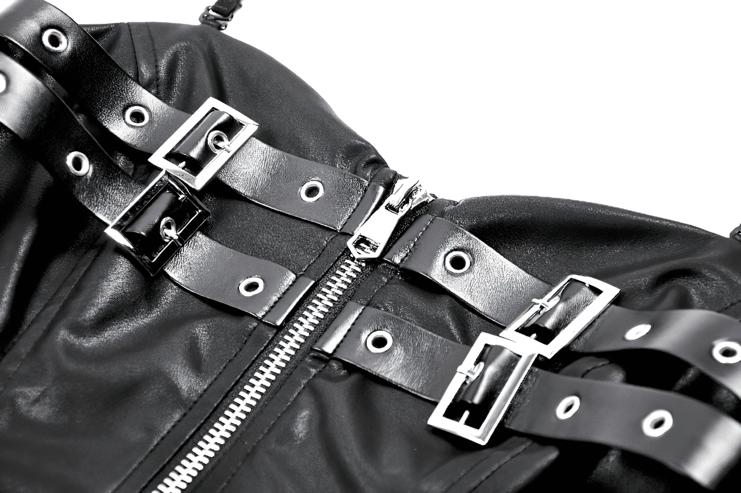 Close-up of the gothic leather corset with straps and zipper from the Dark Goth Dress with Mesh Layers and Adjustable Straps.