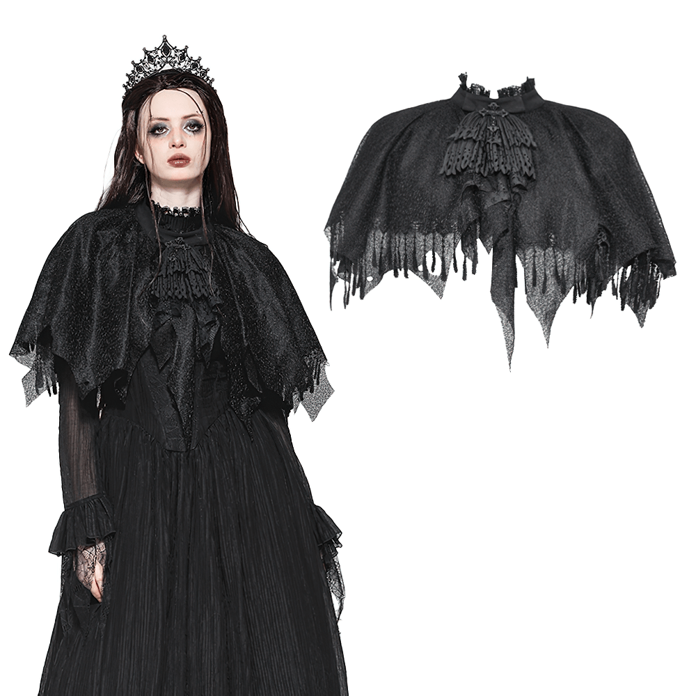 Dark goth fringed cape with lace details for women, perfect for Victorian-themed outfits and costume parties.