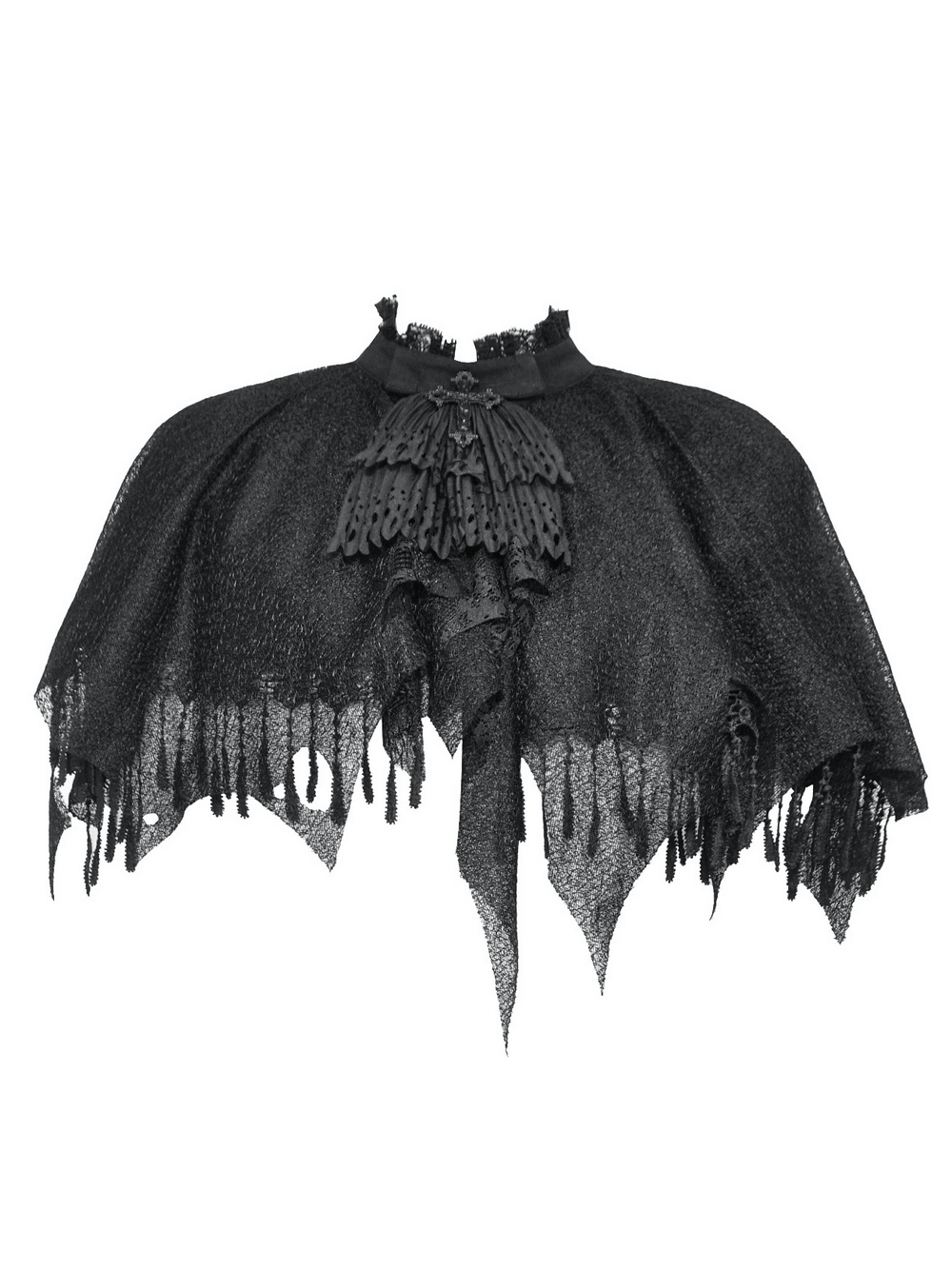 Dark Goth fringed cape with lace details for women, perfect for gothic-inspired outfits or costume parties.