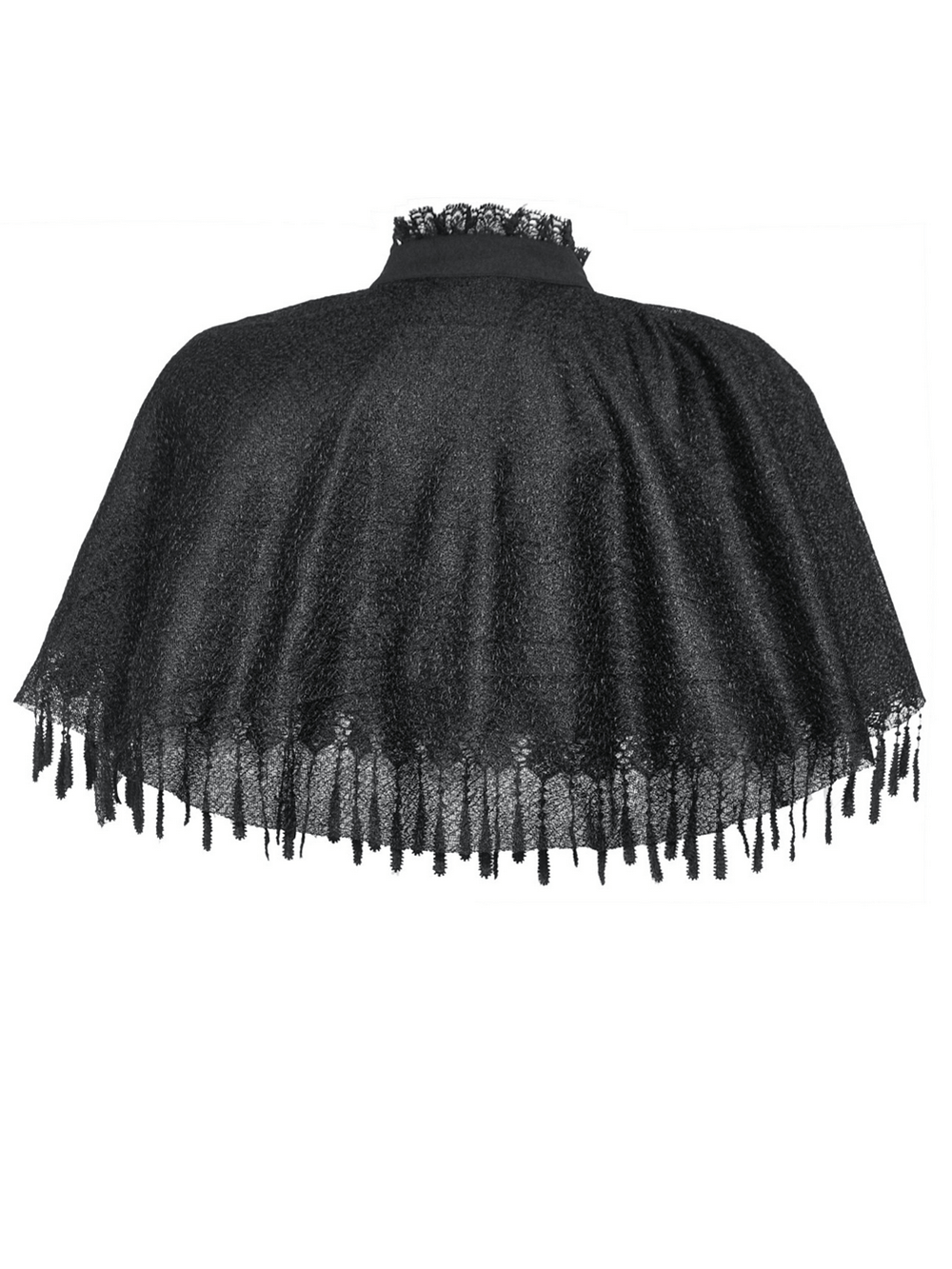 Elegant dark goth fringed cape with lace details, perfect for Victorian-inspired outfits and themed events.