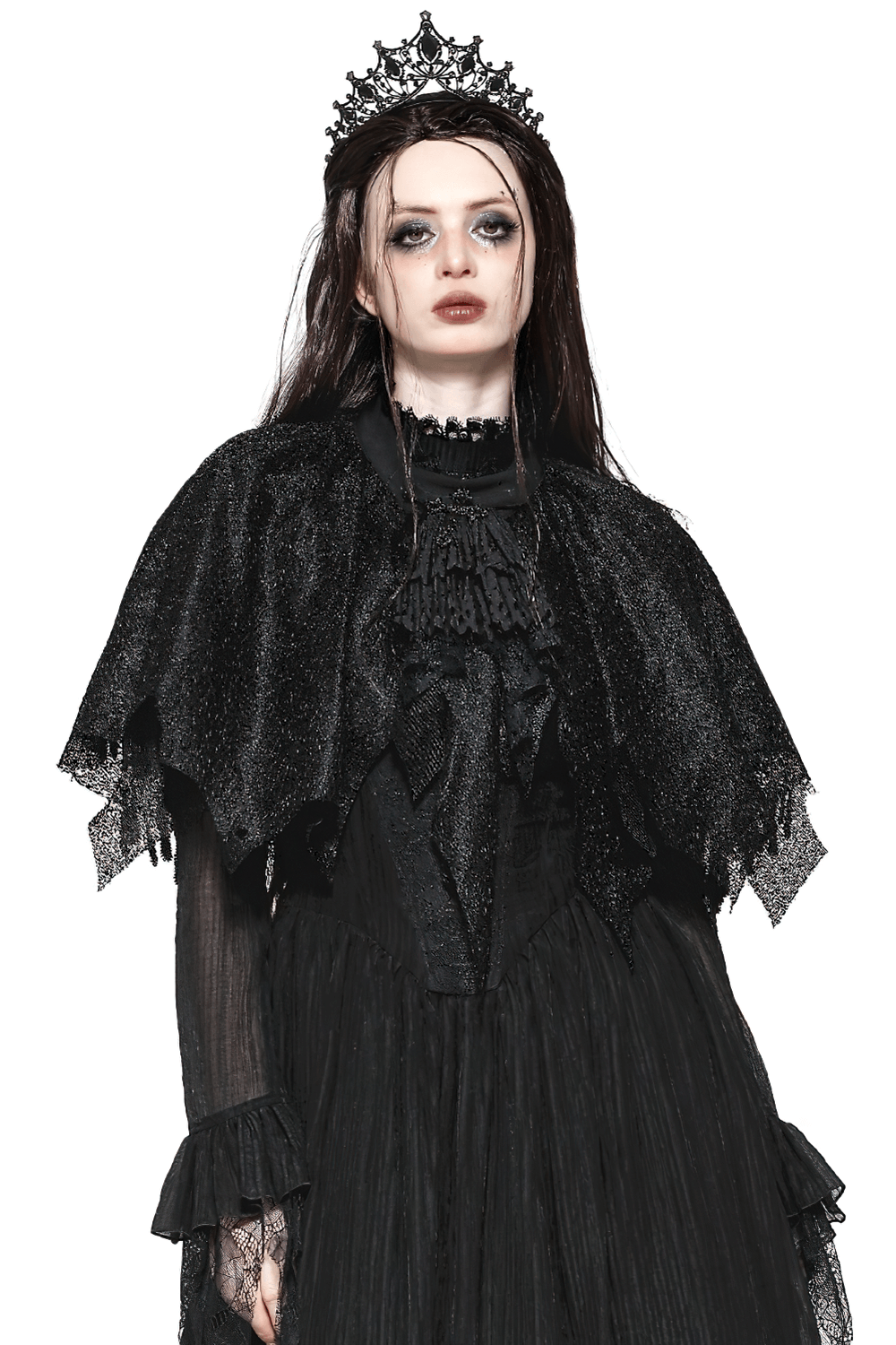 Dark goth fringed cape with lace details, perfect for Victorian elegance and gothic style.