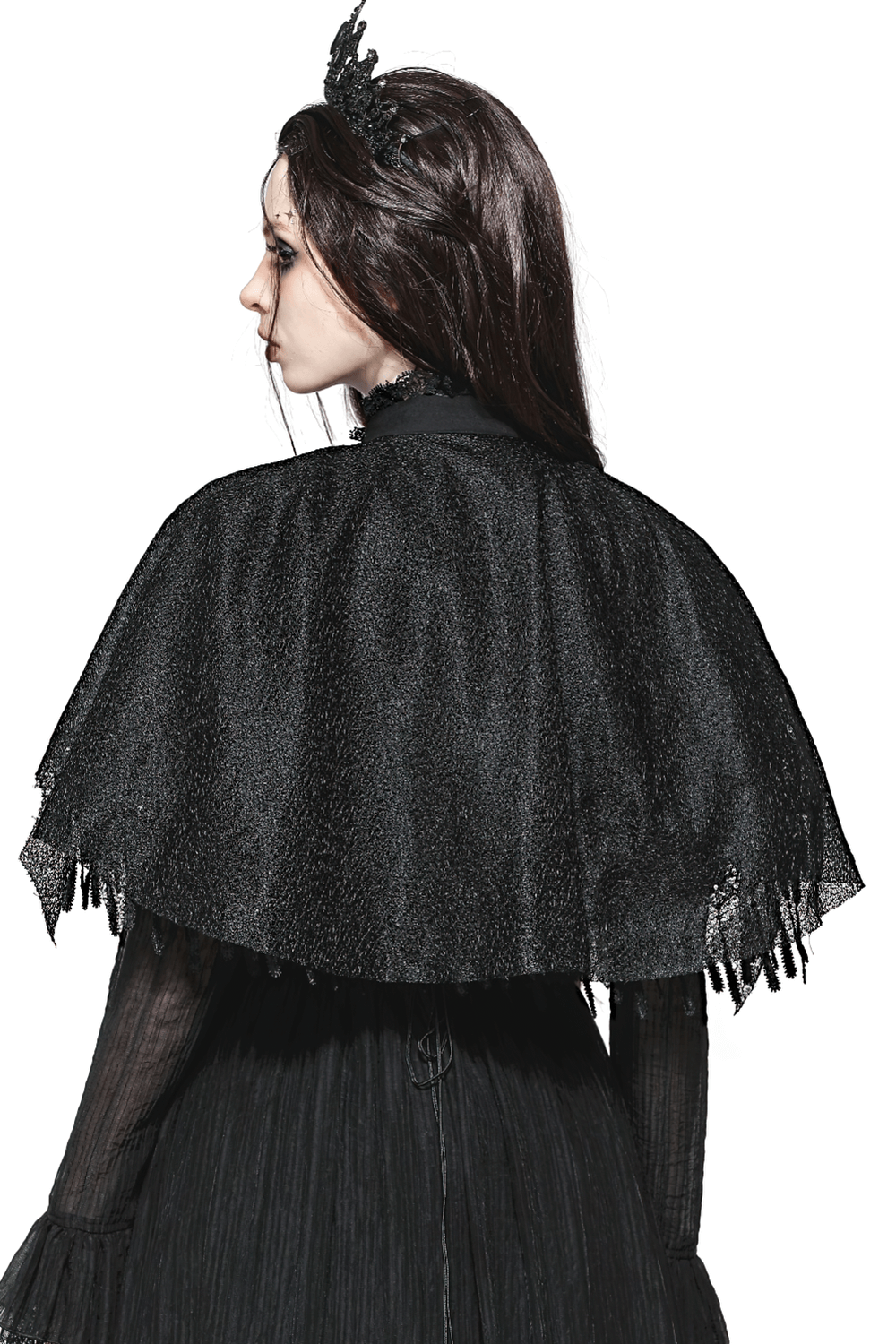 Elegant women's dark gothic fringed cape with lace details, perfect for themed events and costume parties.