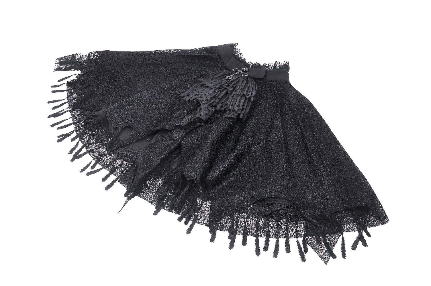 Dark goth fringed lace cape for women, featuring intricate tassels and dramatic silhouette for a vintage gothic look.