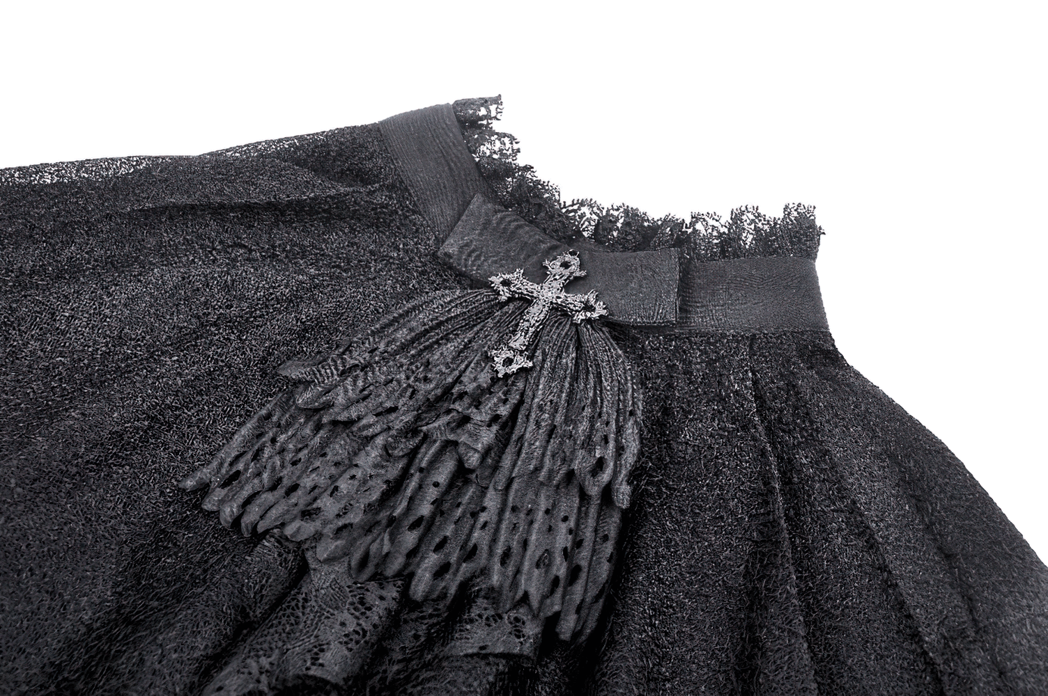 Elegant black gothic cape with lace detailing and cross embellishment for a dramatic look.