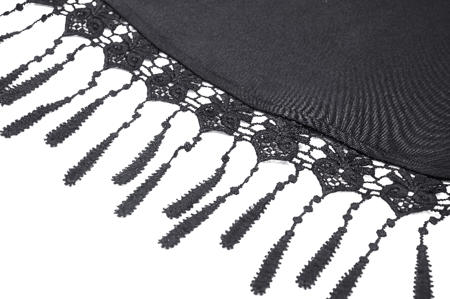Close-up of a dark goth cape with intricate lace detailing and elegant fringes.