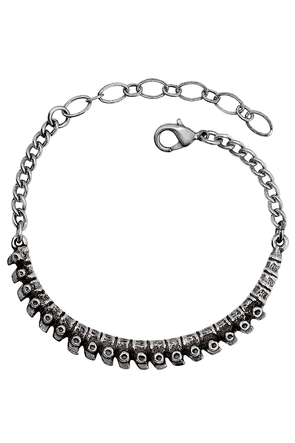 Dark Gothic Bracelet with Vertebrae Pewter Detail showcasing intricate vertebrae design, handmade in England.