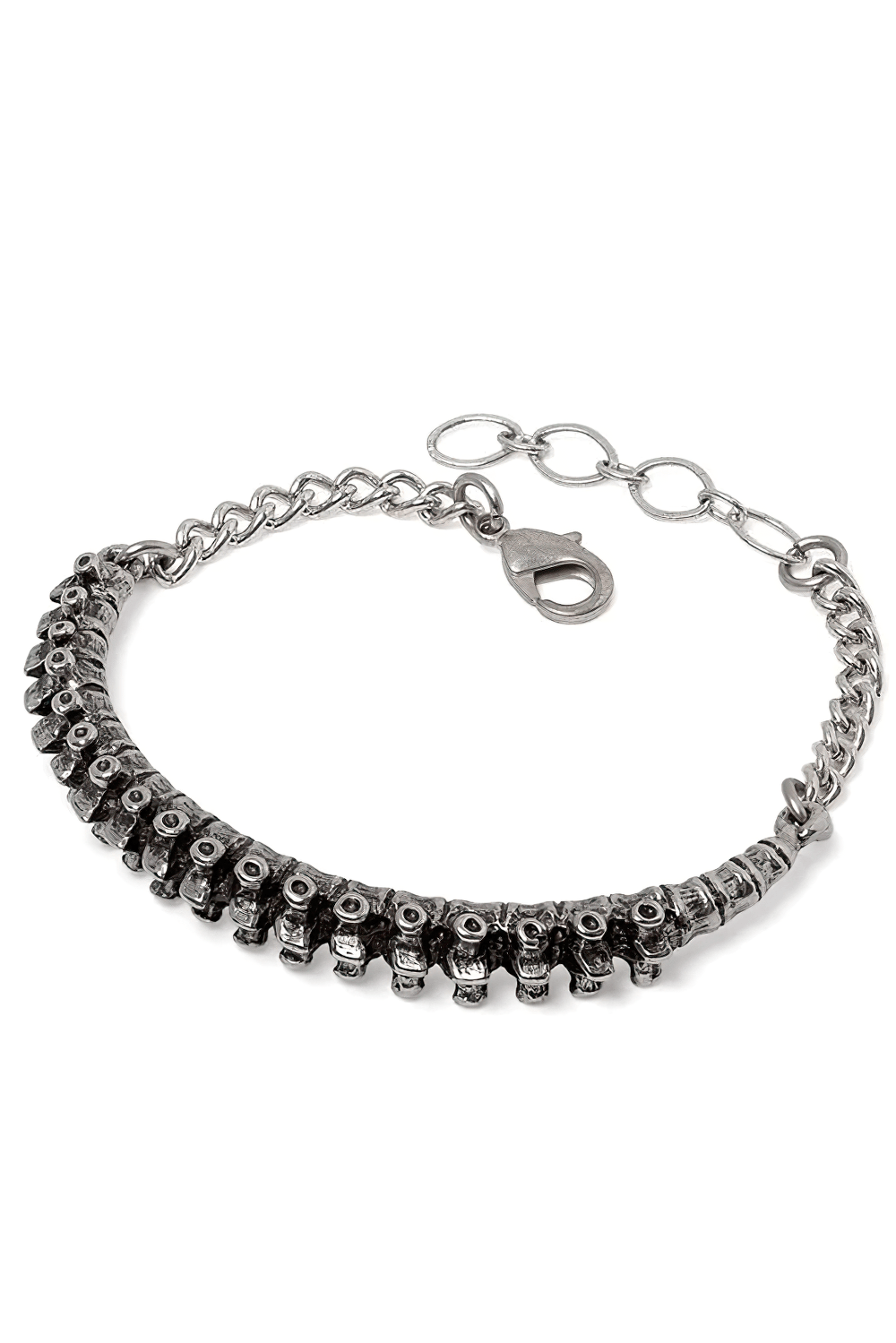 Dark Gothic Bracelet with Vertebrae Pewter Detail in silver, handmade anatomical jewelry showcasing spine design.