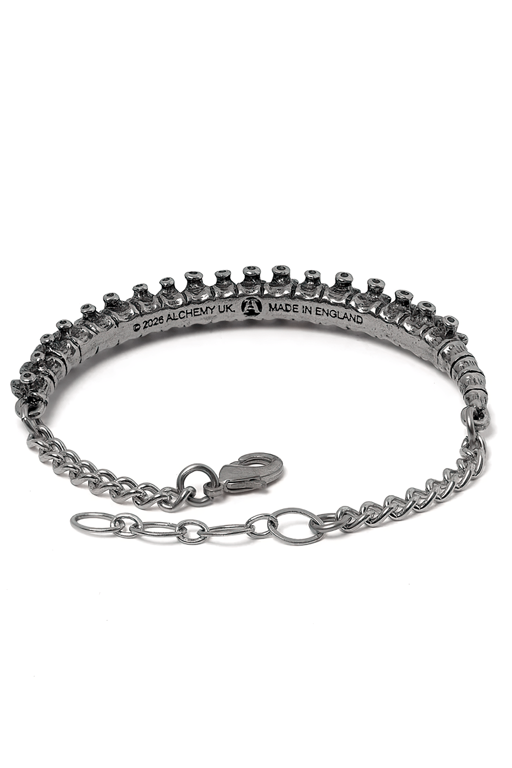 Dark Gothic Bracelet with Vertebrae Pewter Detail showcasing intricate vertebrae design and adjustable fastening.