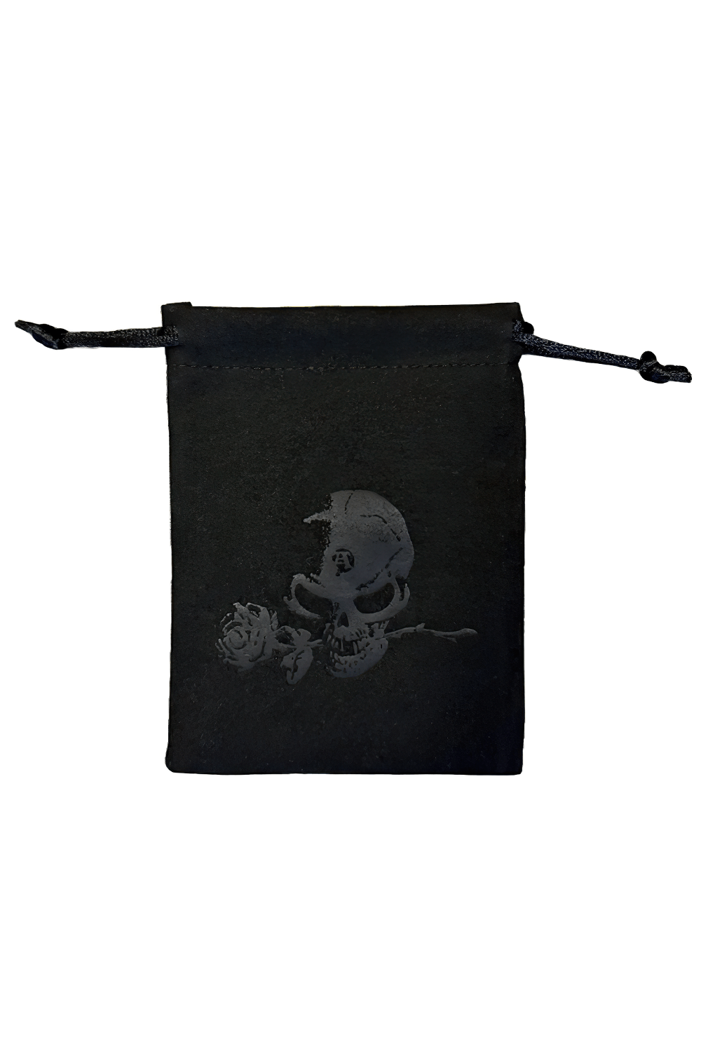 Dark Gothic Bracelet with Vertebrae Pewter Detail in a black velvet pouch with skull and rose design.
