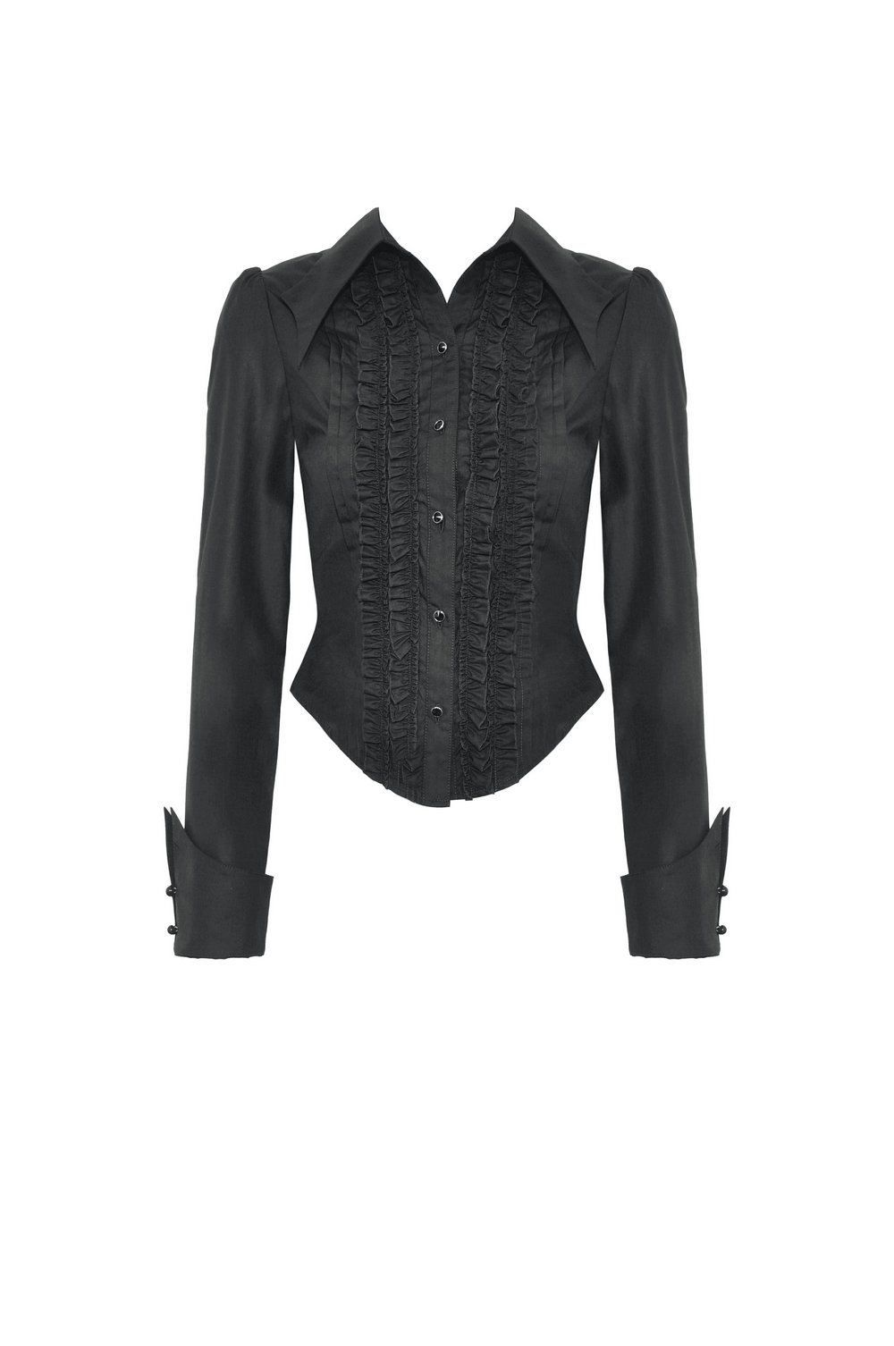 Dark gothic ruffle blouse with long sleeves, featuring dramatic ruffles and tailored fit in soft black fabric.