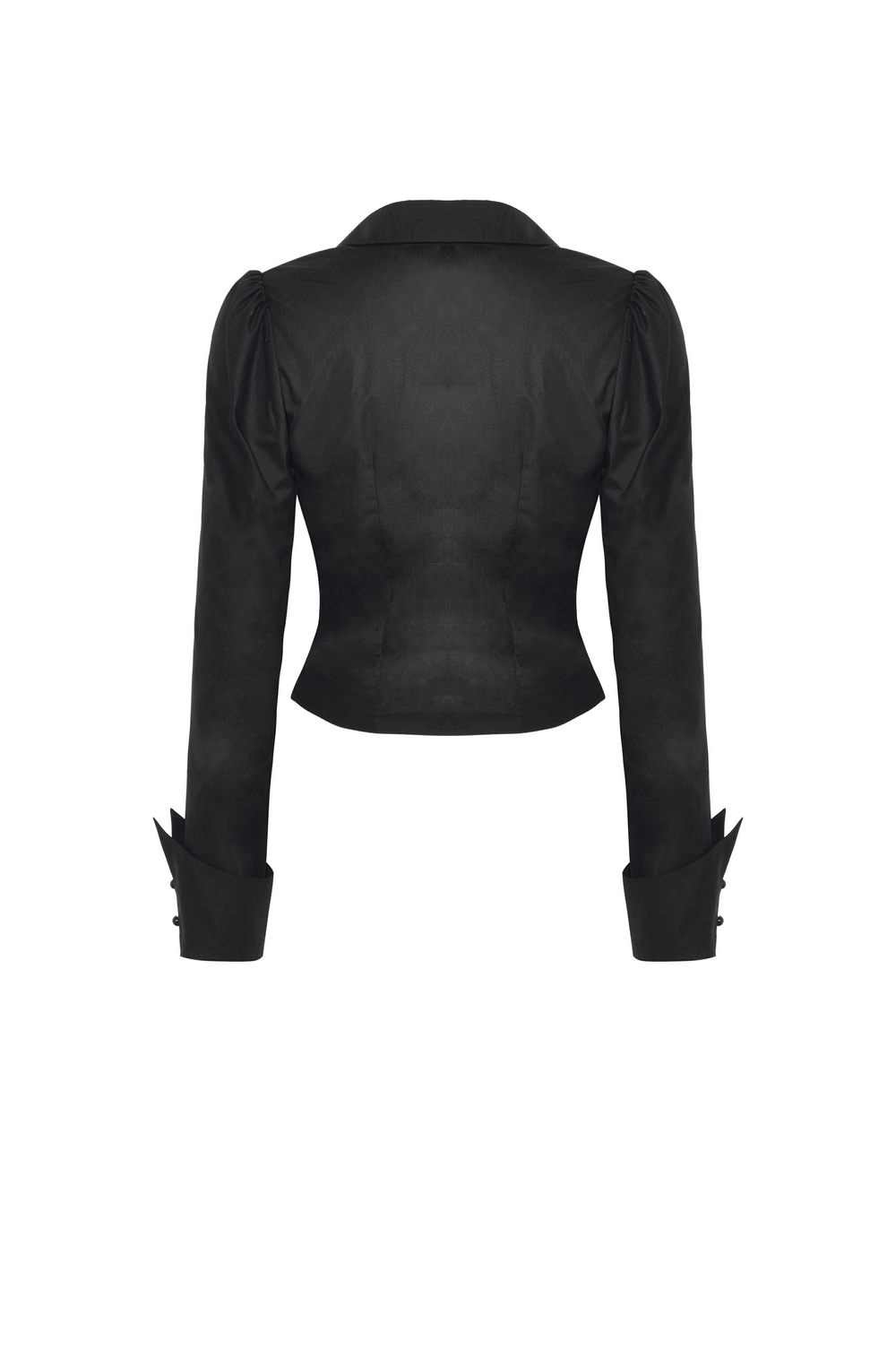 Back view of a stylish black gothic ruffle blouse with long sleeves and puffed shoulders.