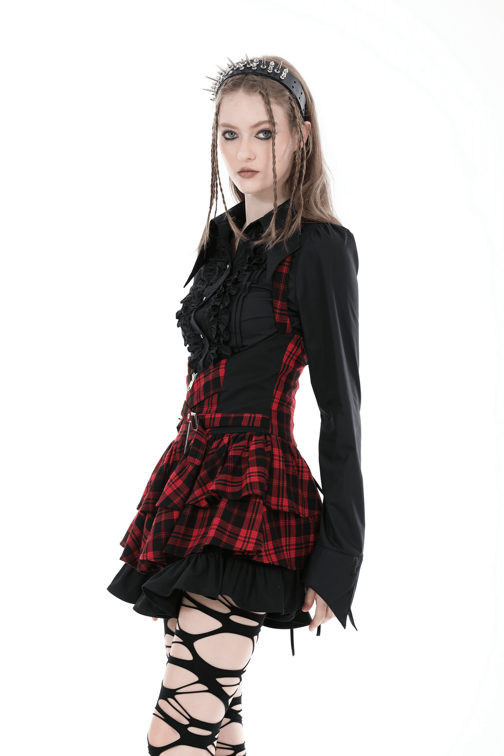 Dark gothic ruffle blouse with long sleeves and plaid skirt, showcasing a stylish Victorian-inspired look.