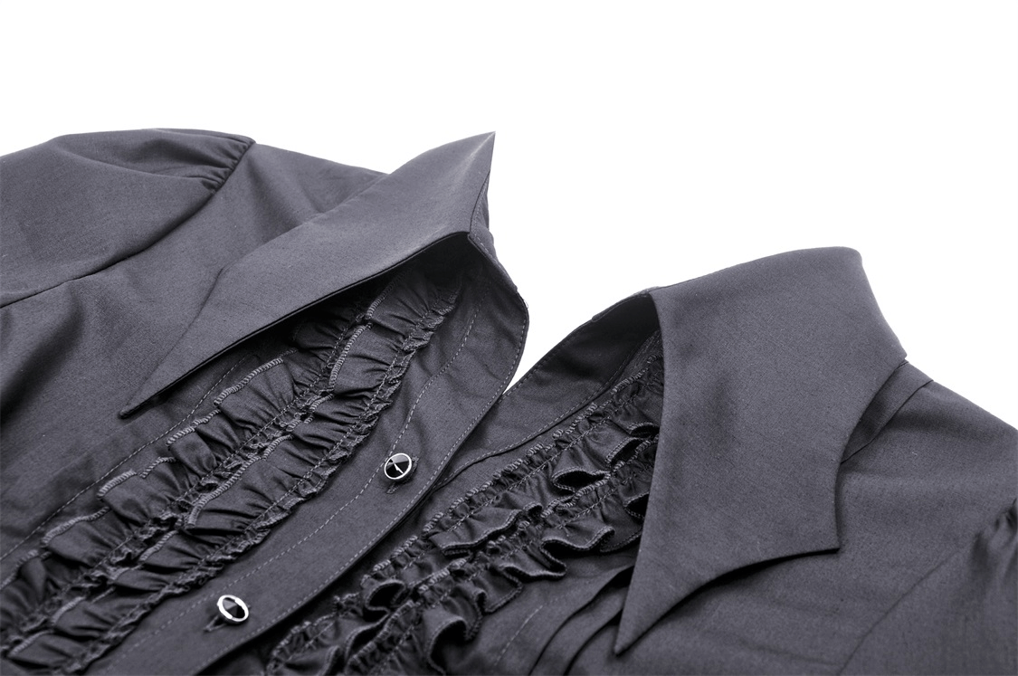 Dark gothic blouse with dramatic ruffles and long sleeves, perfect for adding elegance to your wardrobe.