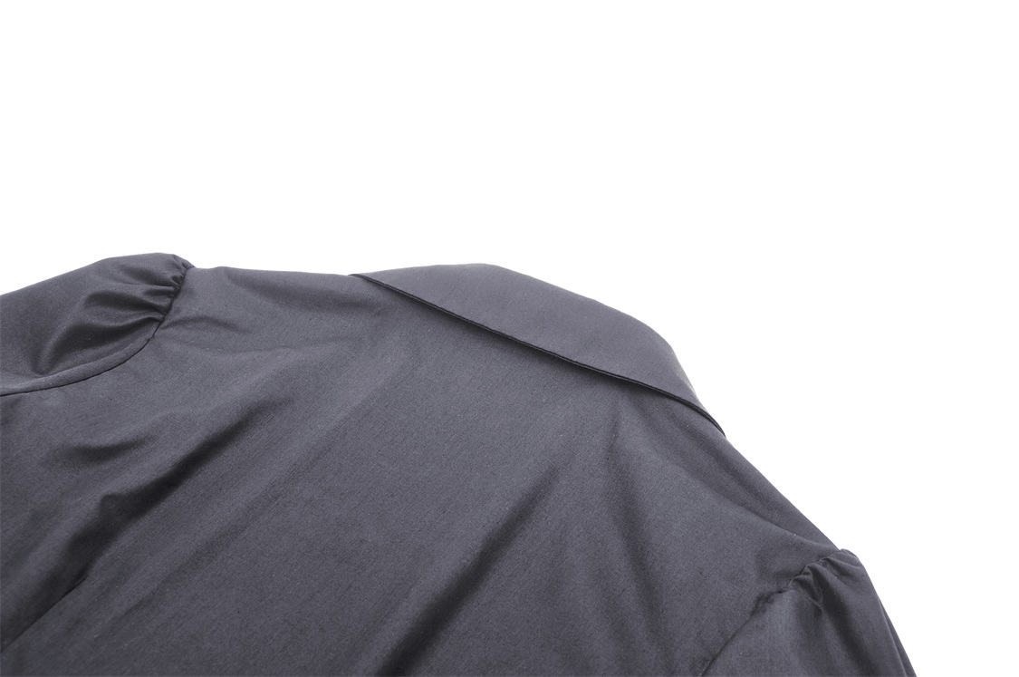 Back view of a dark gothic ruffle blouse with long sleeves and a stylish collar.