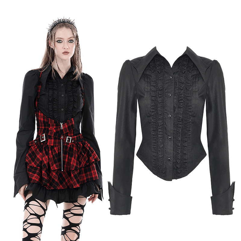Gothic black ruffle blouse with long sleeves, styled with a red plaid skirt for a dramatic, Victorian-inspired look.
