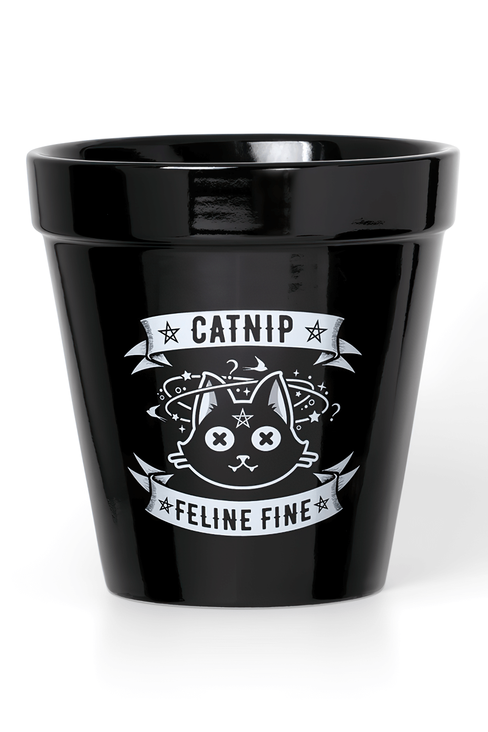 Dark gothic catnip plant pot featuring playful 'Feline Fine' cat artwork, perfect for herb gardening.