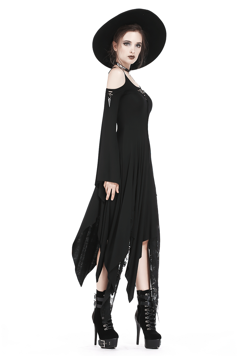 Dark Gothic Crochet Lace Sleeves Long Dress Witchy Style