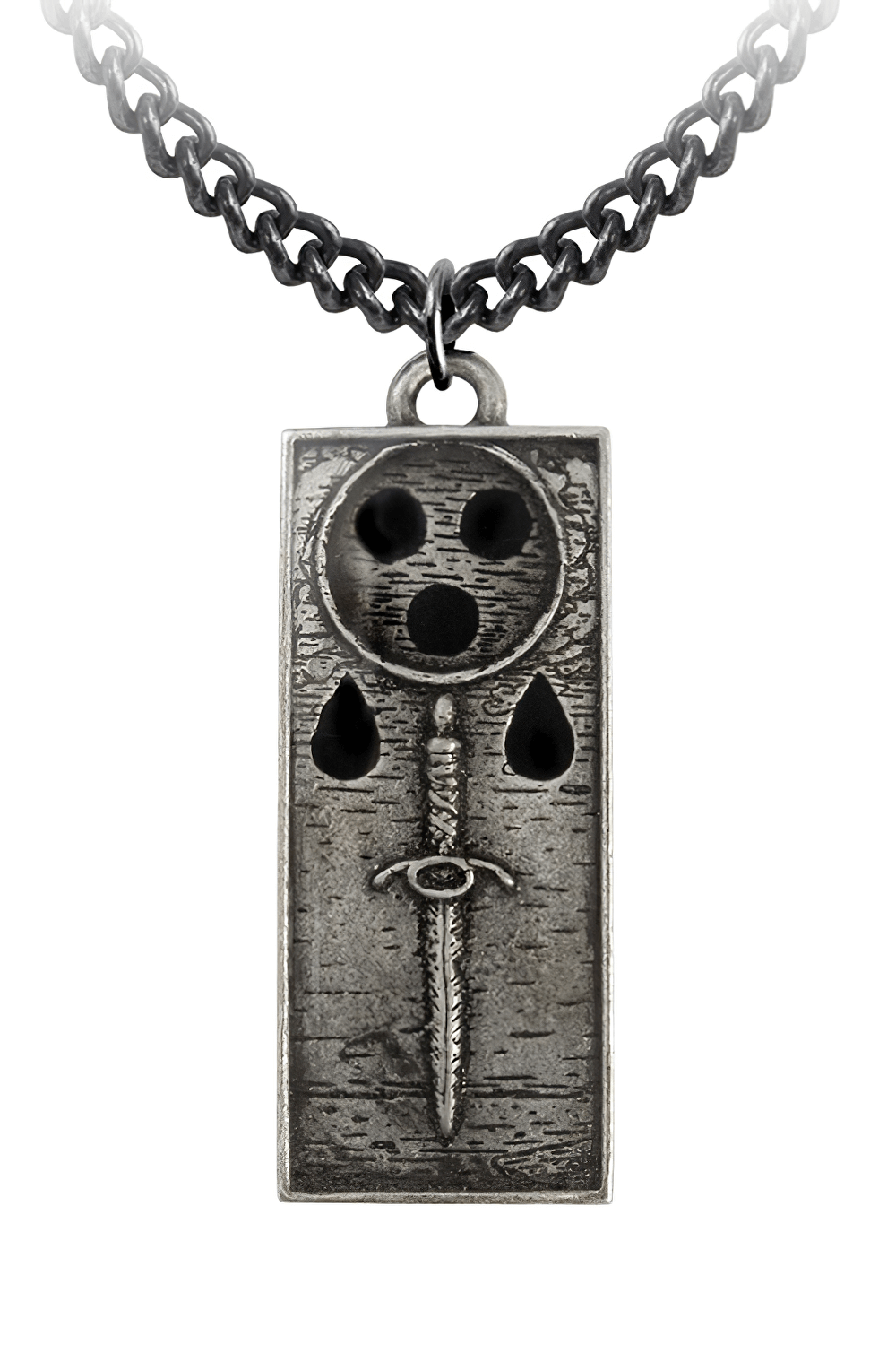 Dark Gothic Death Sigil Sword and Skull Pendant hanging from a silver chain, showcasing gothic warrior symbolism.