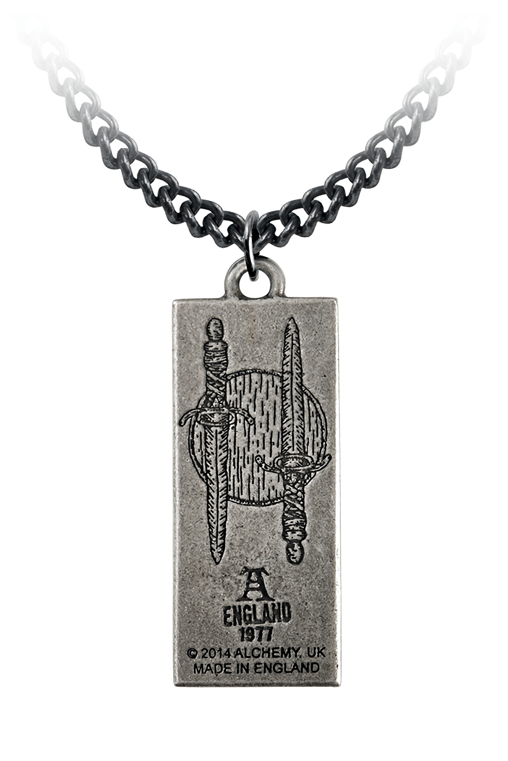 Dark Gothic Death Sigil Sword and Skull Pendant featuring swords and intricate design on antique pewter.