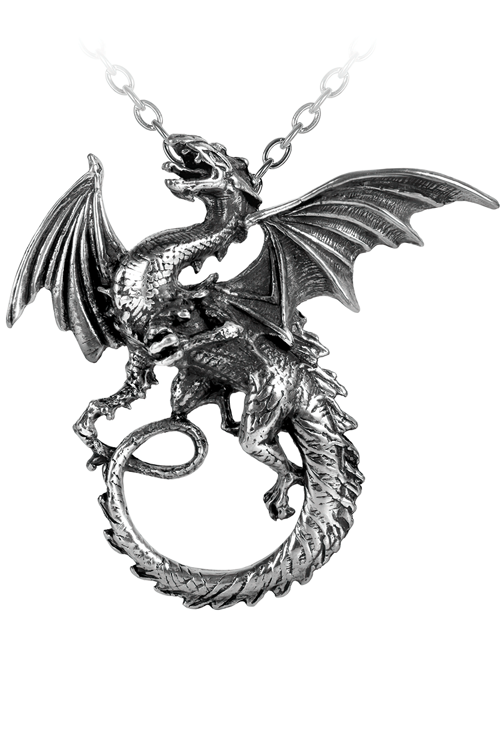 Dark gothic dragon pendant with serpentine wings, crafted in fine pewter, inspired by Norse mythology.