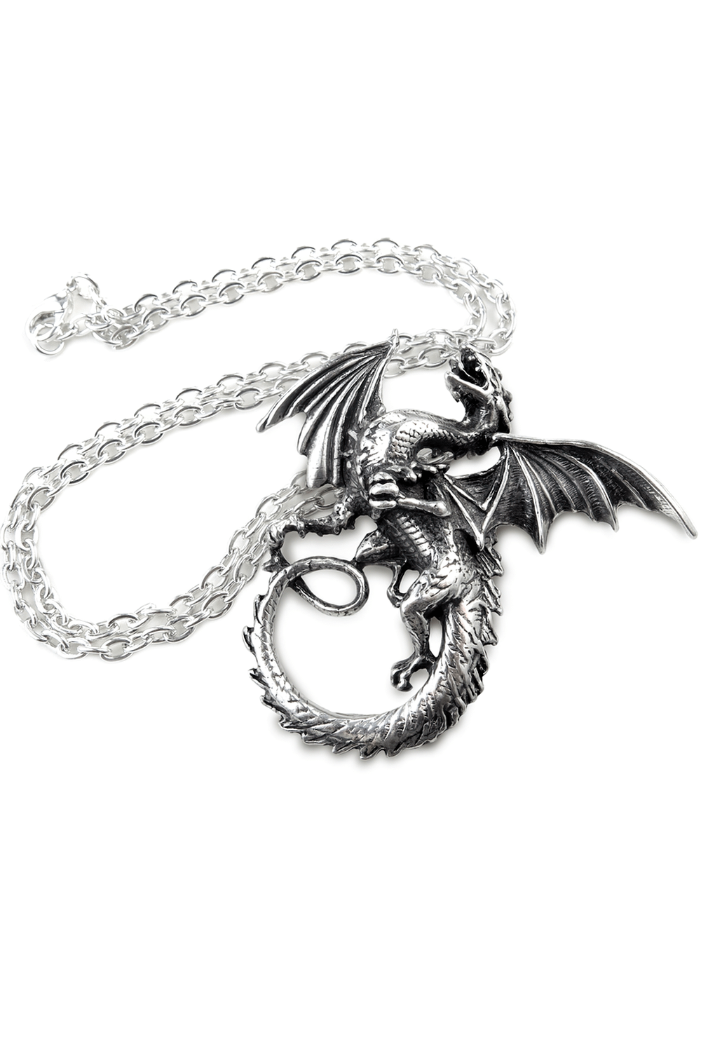 Dark gothic dragon pendant with serpentine wings, crafted in fine pewter, showcasing Norse mythology inspiration.