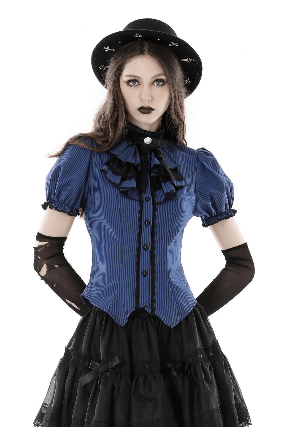 Dark Gothic Frilly Collar Striped Blouse With Black Lace Trim