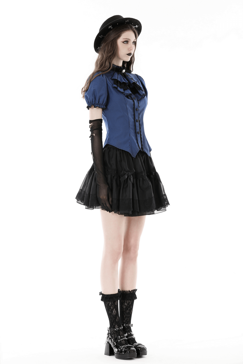 Dark Gothic Frilly Collar Striped Blouse With Black Lace Trim