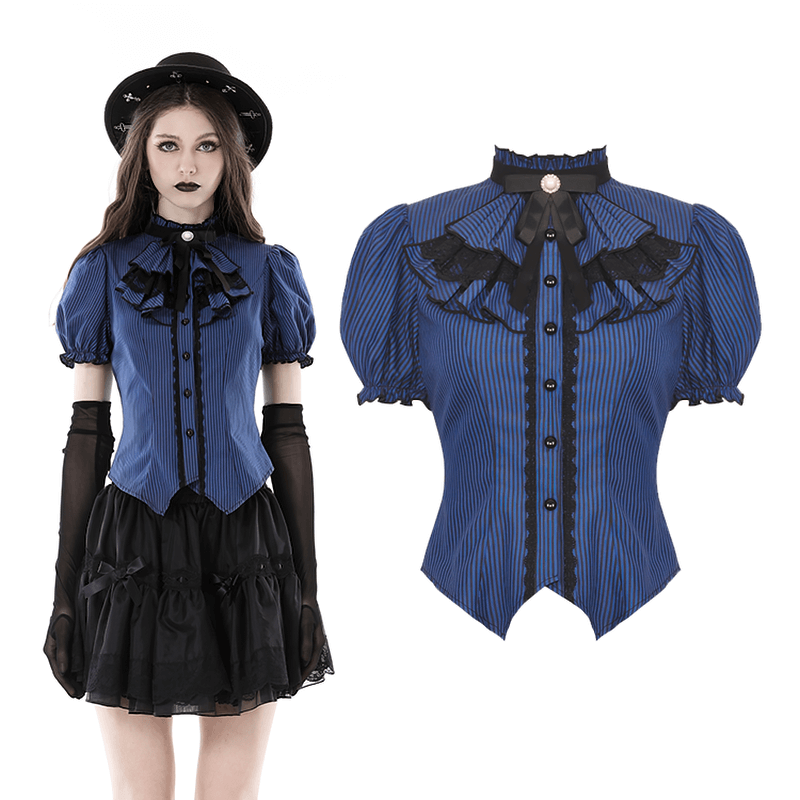 Dark Gothic Frilly Collar Striped Blouse With Black Lace Trim