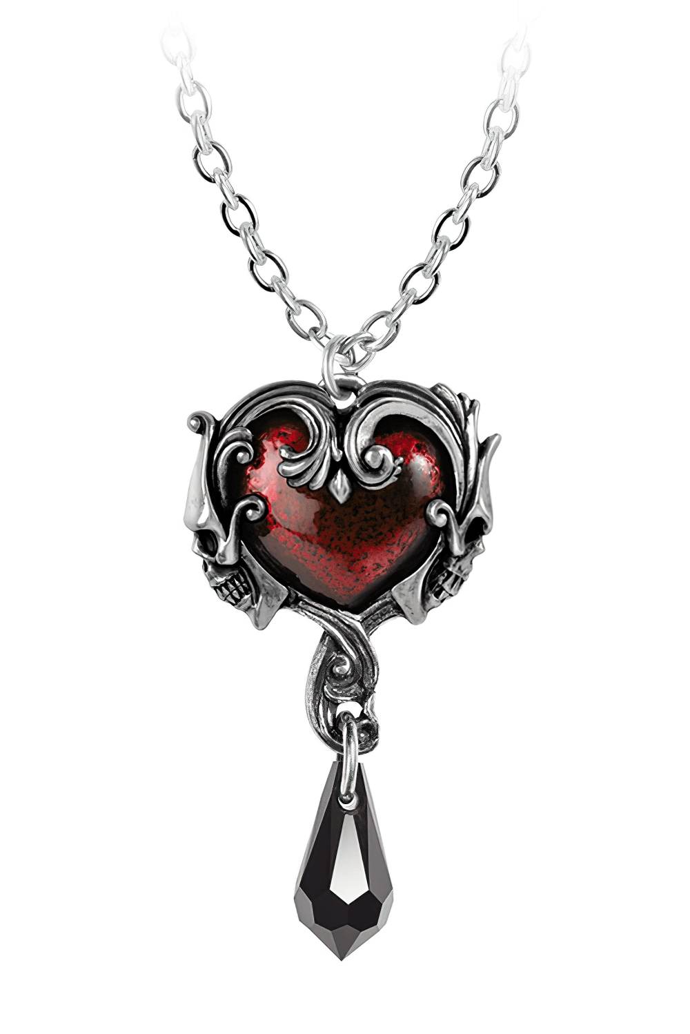 Dark gothic heart pendant with red enamel, skull design, and black crystal drop, perfect for edgy romantic styles.