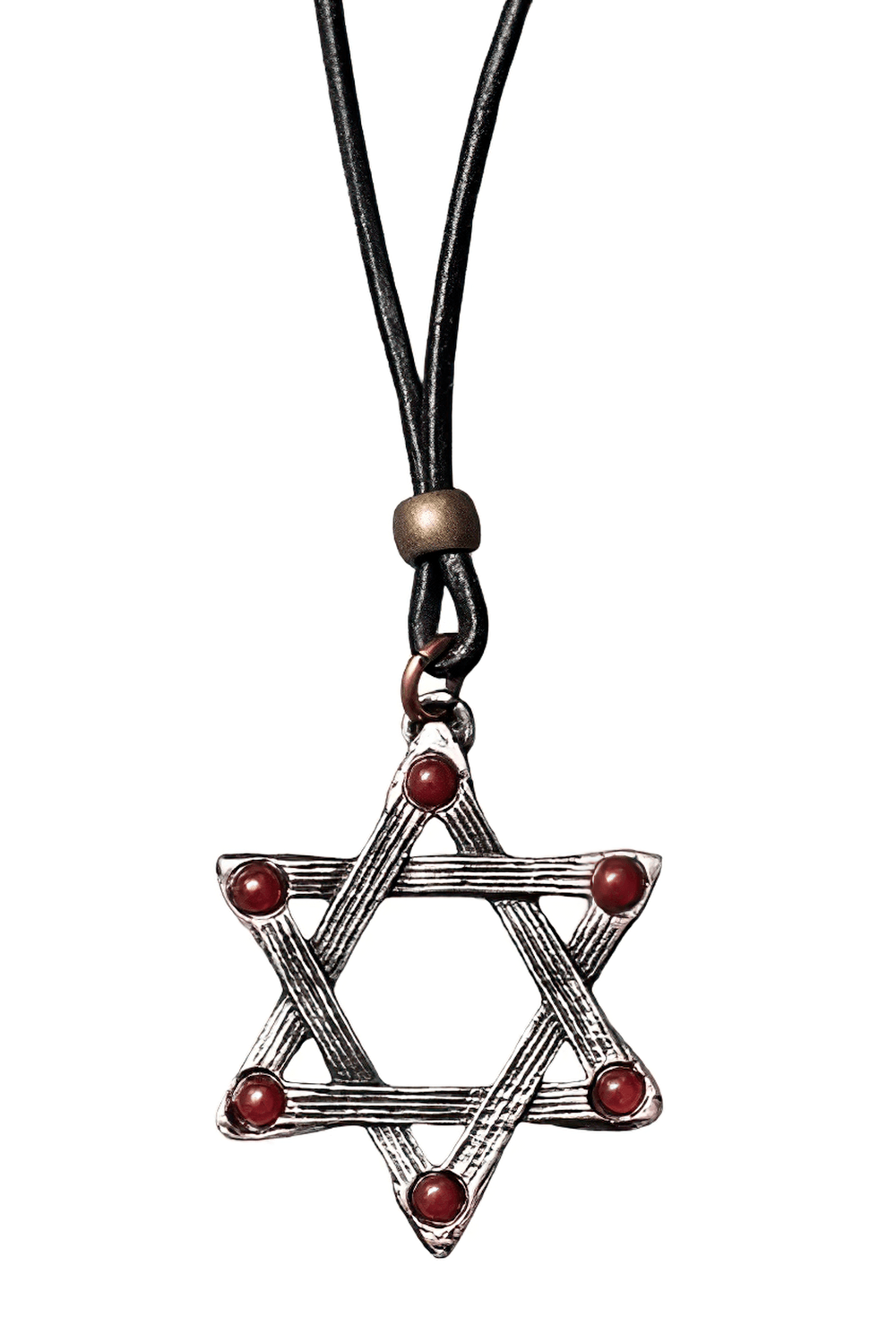 Dark Gothic Hexagram Carnelian Pewter Pendant featuring red cabochons on a leather cord.